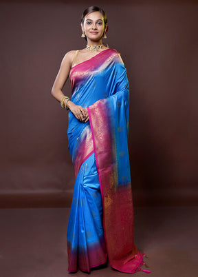 Blue Dupion Silk Saree With Blouse Piece