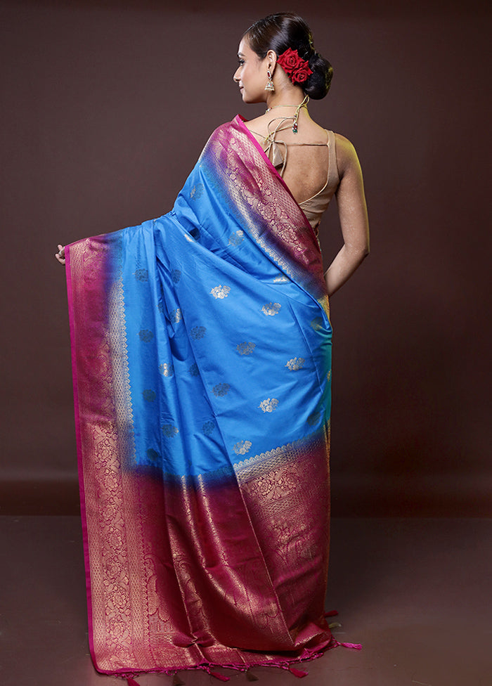 Blue Dupion Silk Saree With Blouse Piece