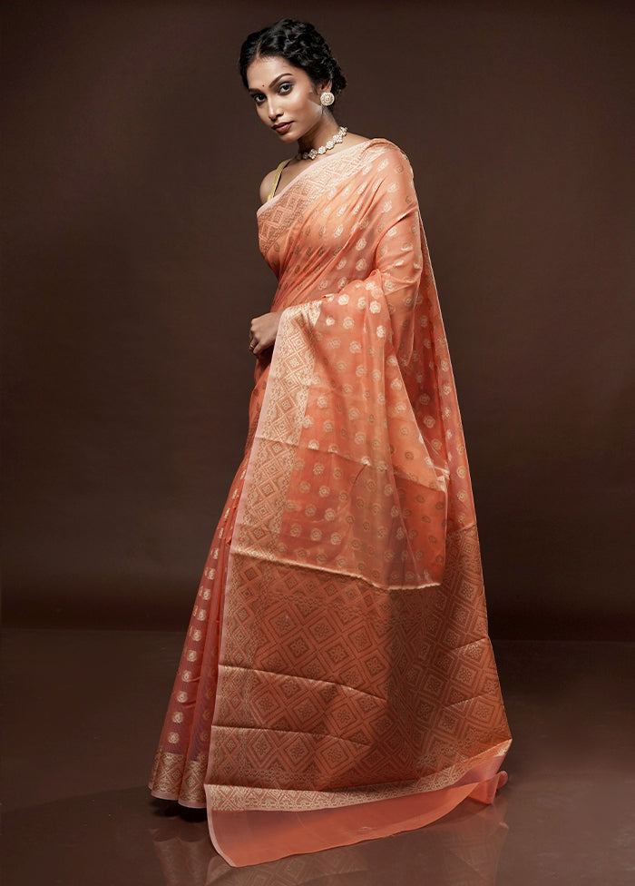 Peach Cotton Saree With Blouse Piece