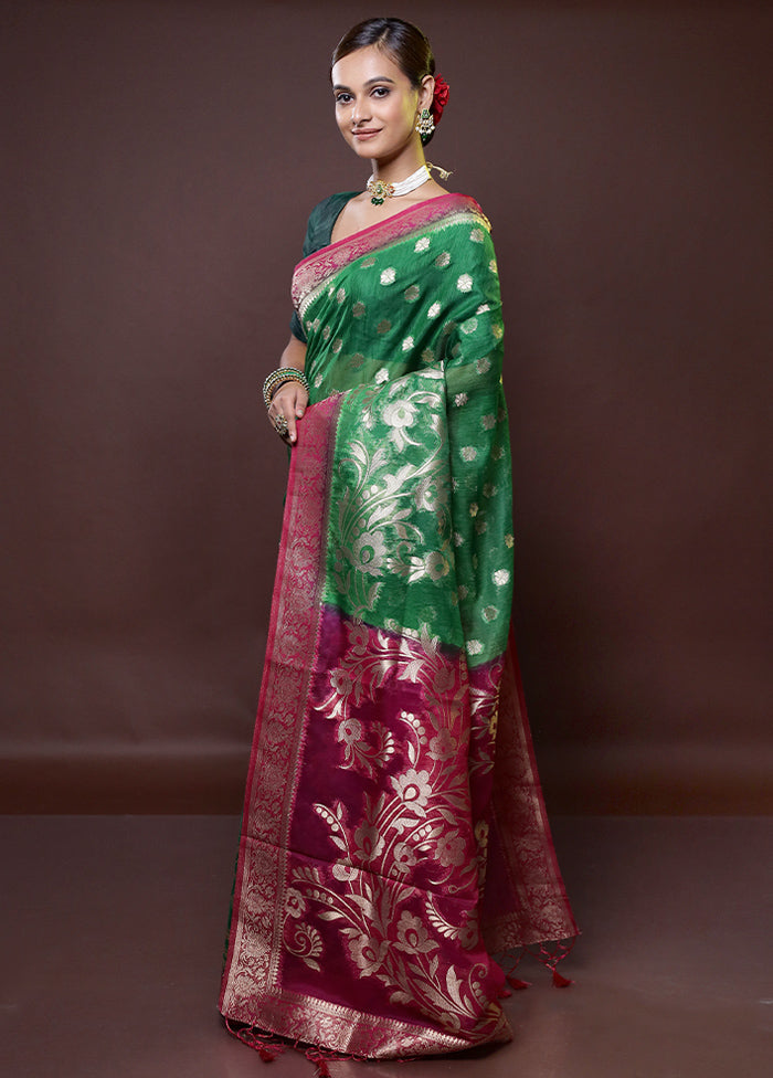 Green Dupion Silk Saree With Blouse Piece