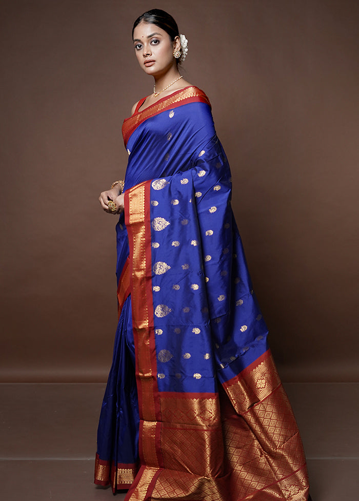 Blue Kanjivaram Silk Saree With Blouse Piece