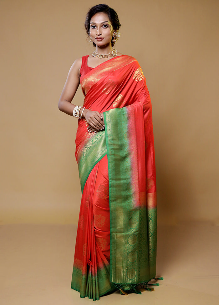 Red Dupion Silk Saree With Blouse Piece