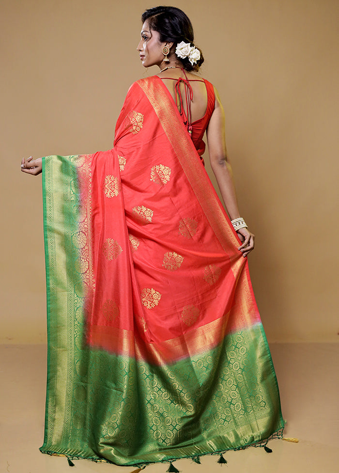 Red Dupion Silk Saree With Blouse Piece