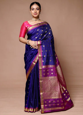 Blue Handloom Kanjivaram Pure Silk Saree With Blouse Piece