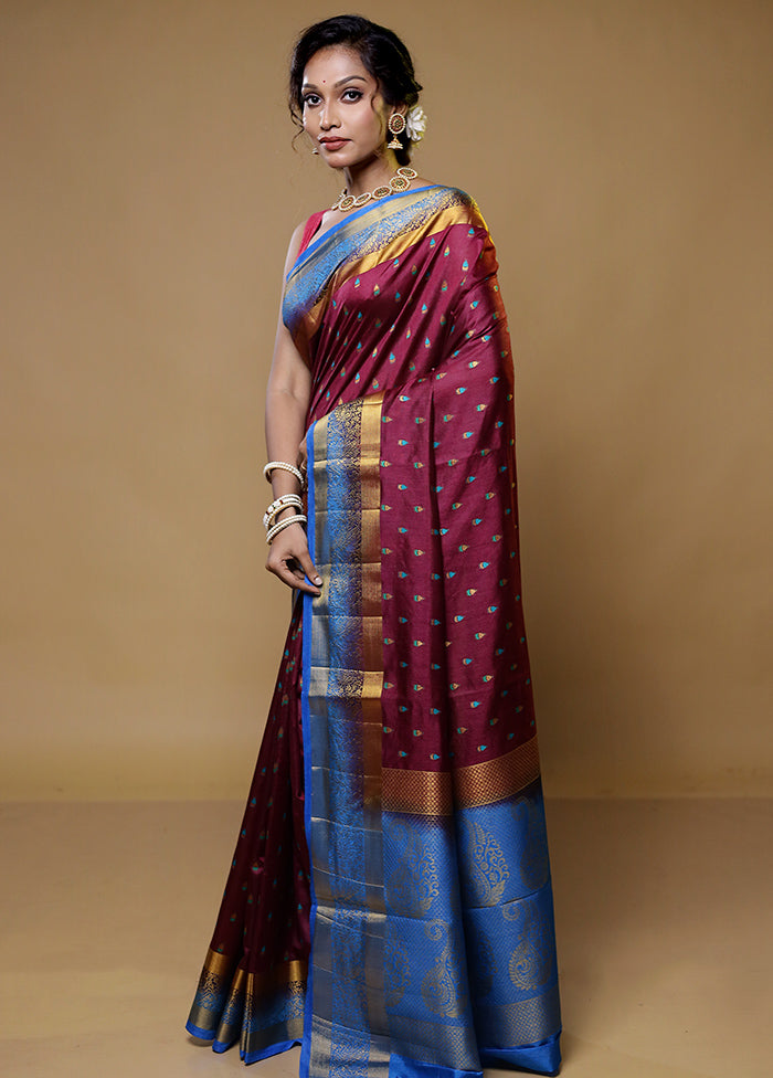 Maroon Dupion Silk Saree With Blouse Piece