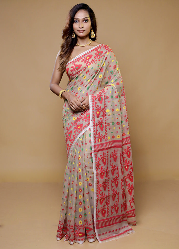 Cream Tant Jamdani Saree Without Blouse Piece