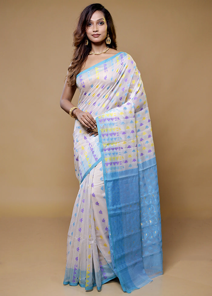 White Tant Jamdani Saree Without Blouse Piece