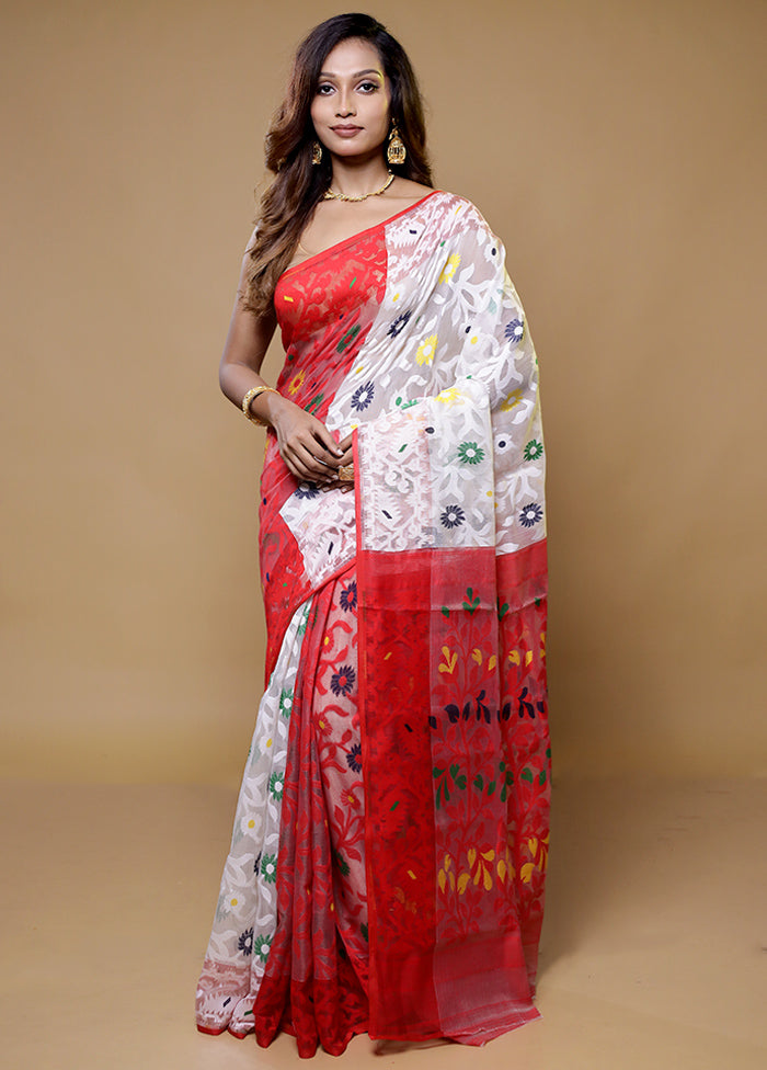 Red Tant Jamdani Saree Without Blouse Piece