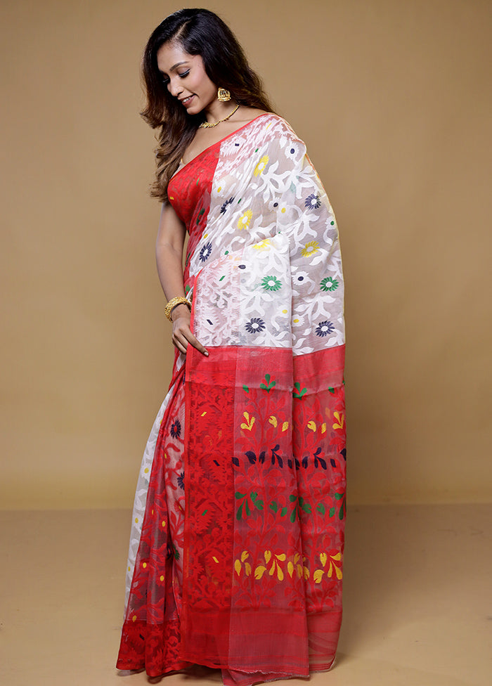 Red Tant Jamdani Saree Without Blouse Piece