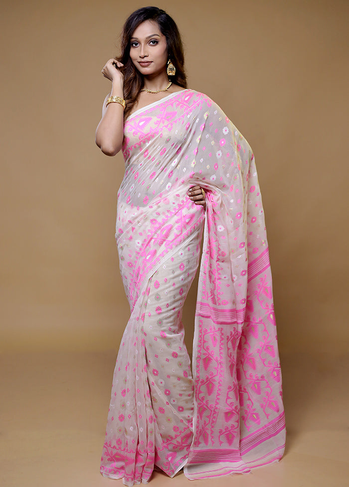 White Tant Jamdani Saree Without Blouse Piece