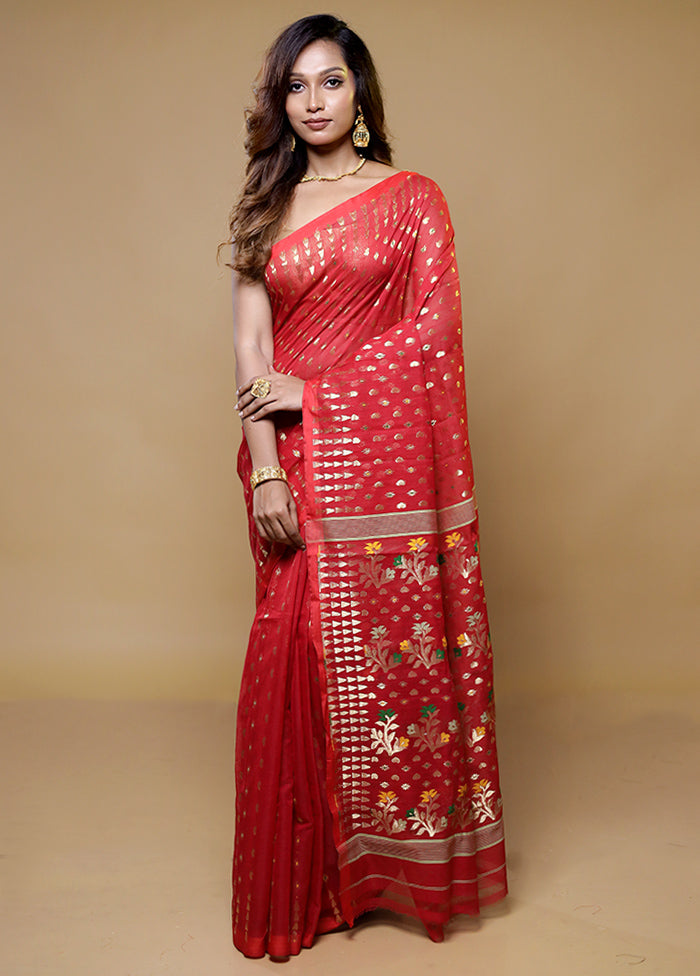 Red Tant Jamdani Saree Without Blouse Piece