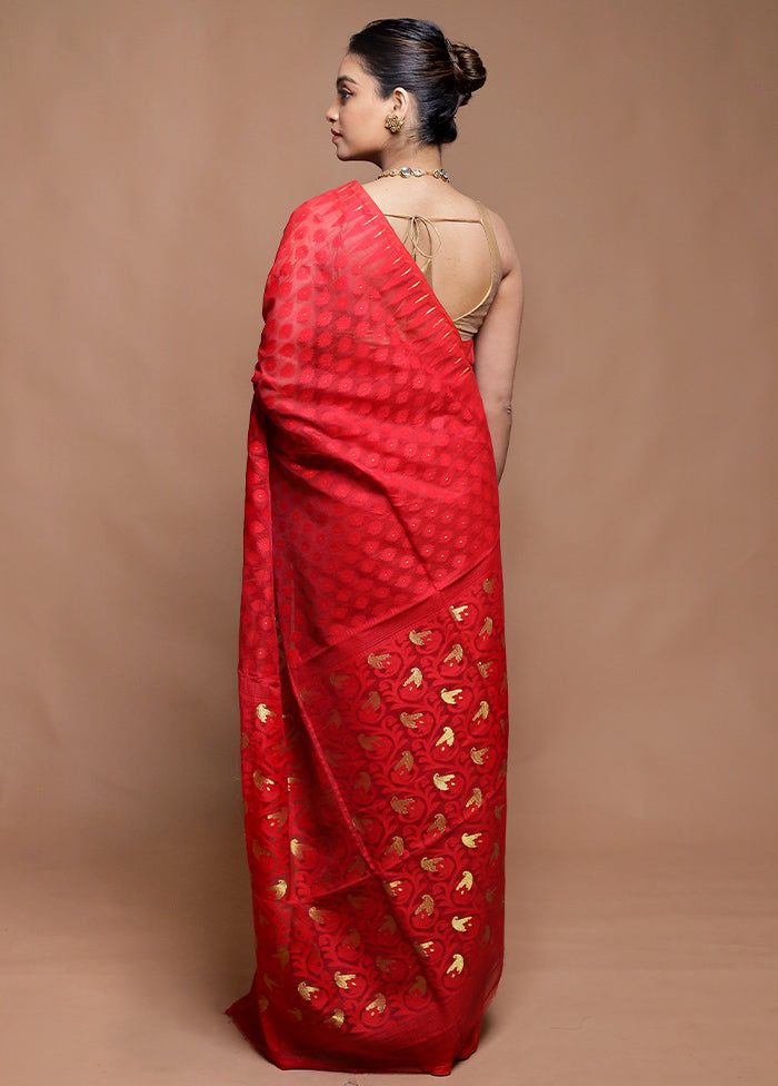 Red Tant Jamdani Saree Without Blouse Piece