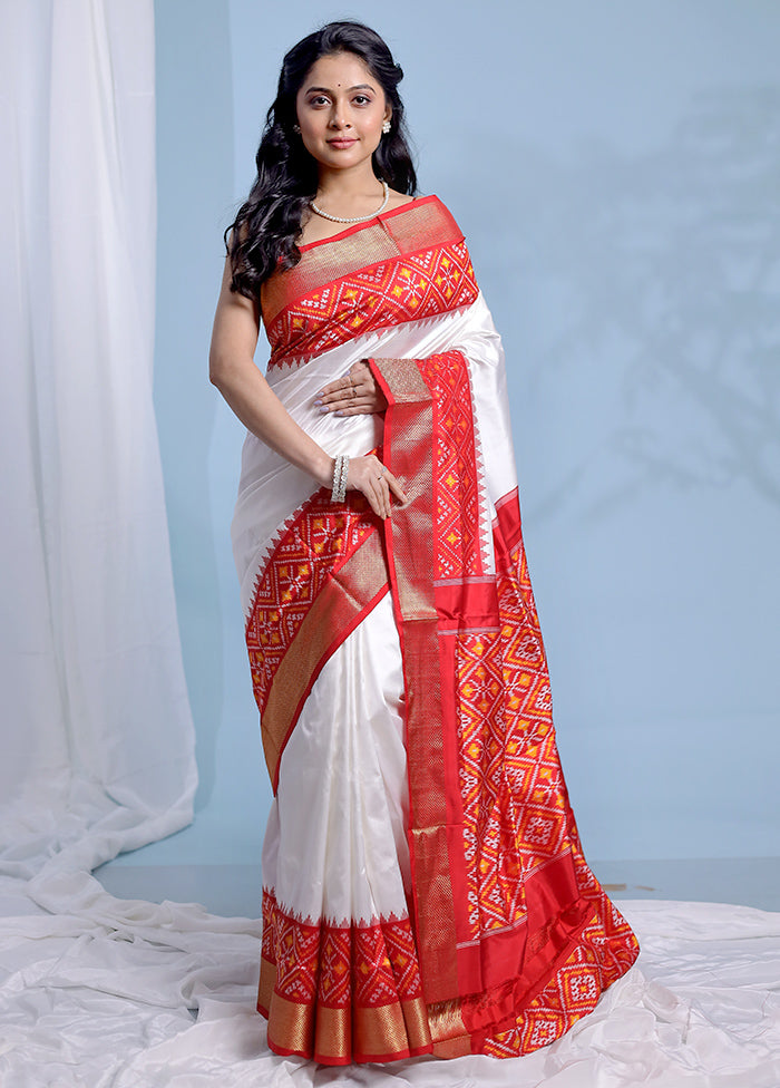 White Ikkat Pure Silk Saree With Blouse Piece - Indian Silk House Agencies