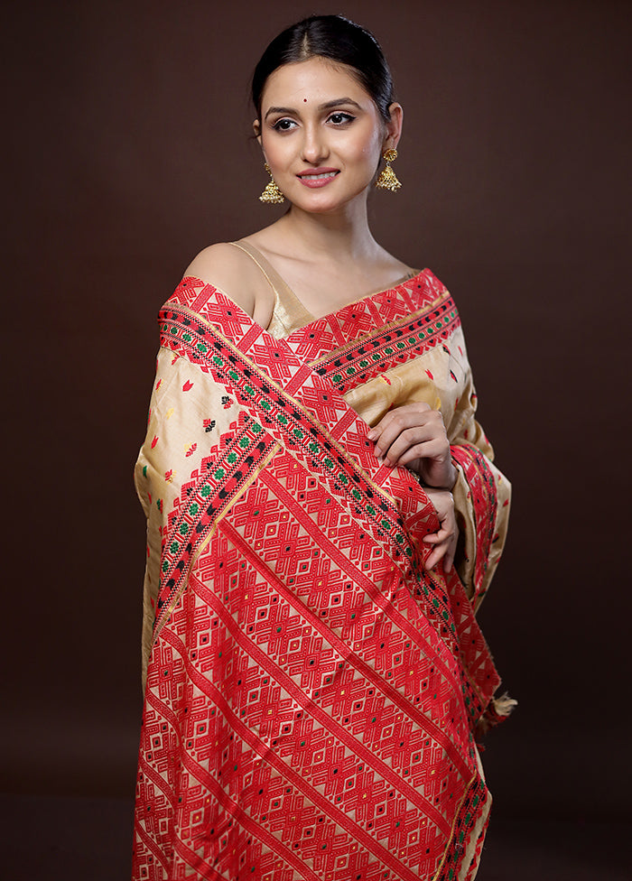 Cream Assam Pure Silk Saree With Blouse Piece - Indian Silk House Agencies