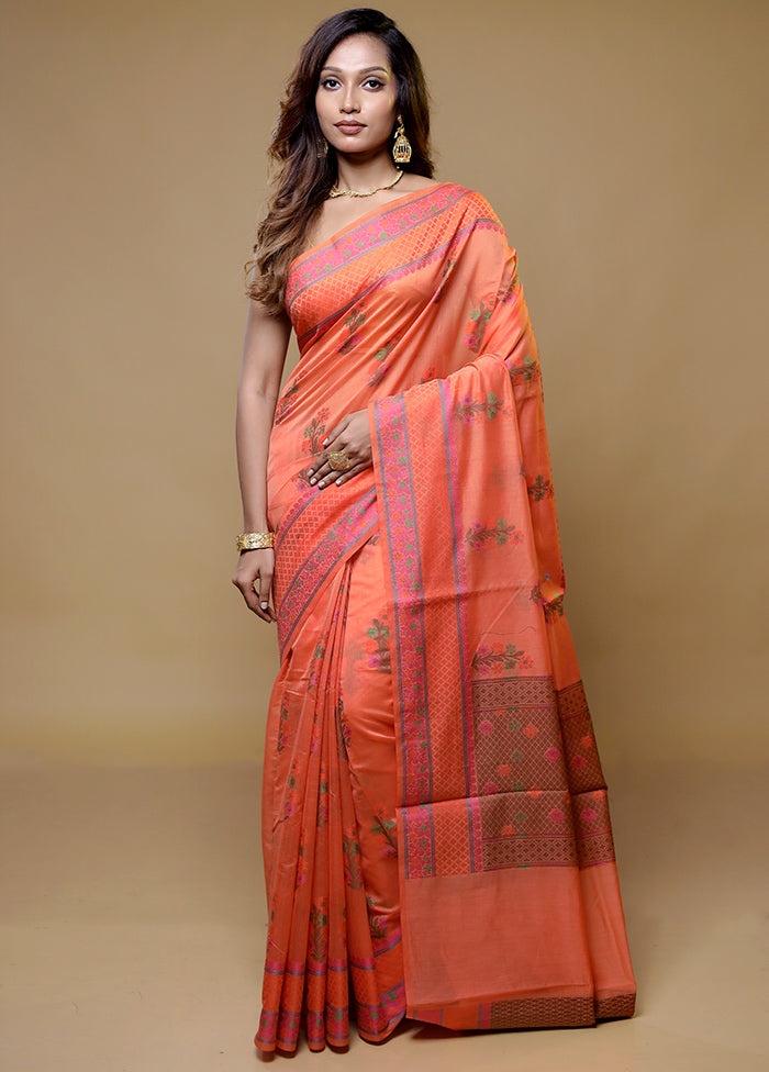 Orange Cotton Saree With Blouse Piece