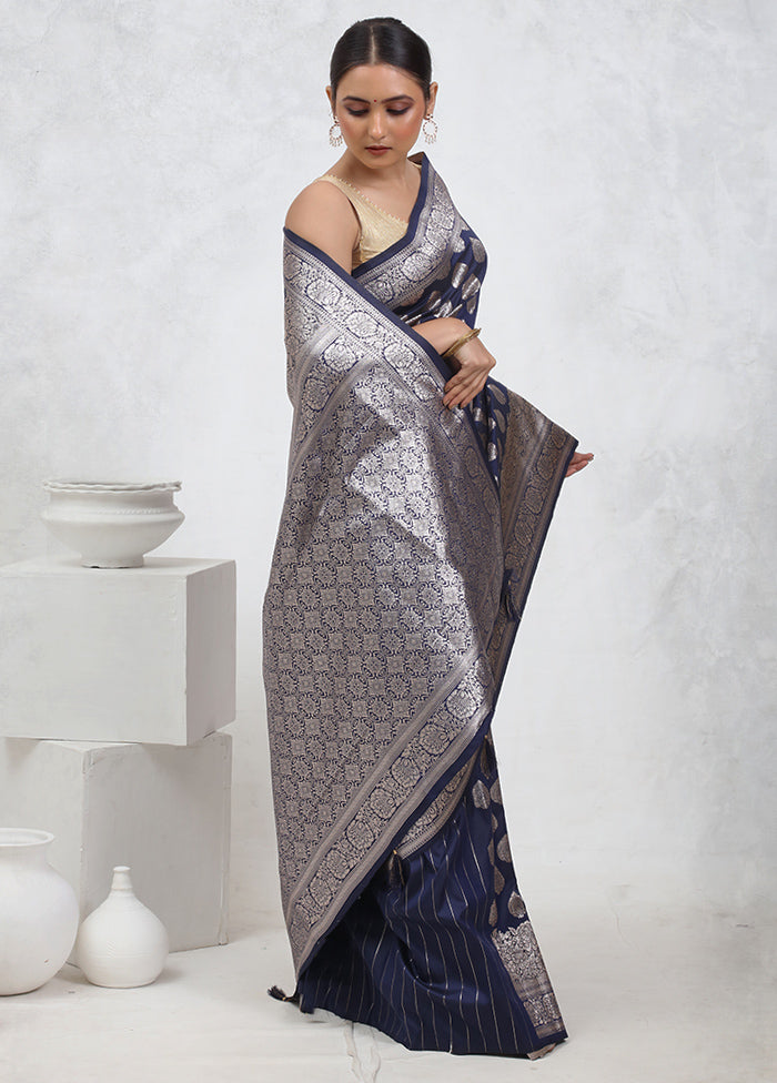 Blue Dupion Silk Saree With Blouse Piece