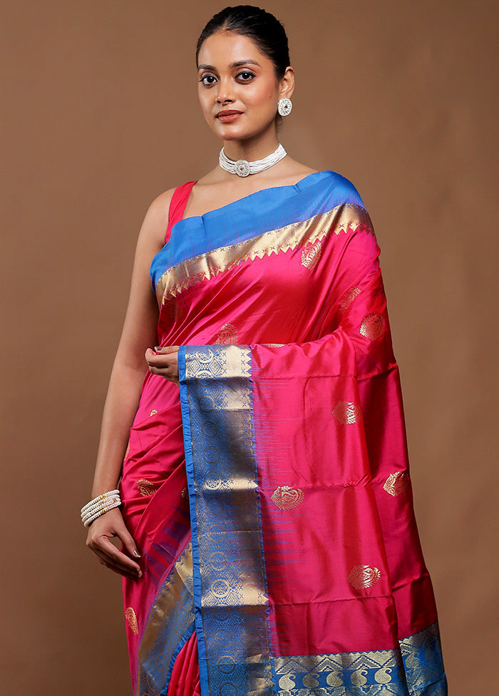 Pink Handloom Kanjivaram Pure Silk Saree With Blouse Piece