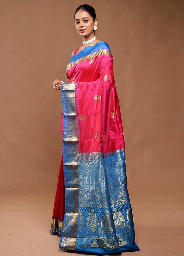 Pink Handloom Kanjivaram Pure Silk Saree With Blouse Piece