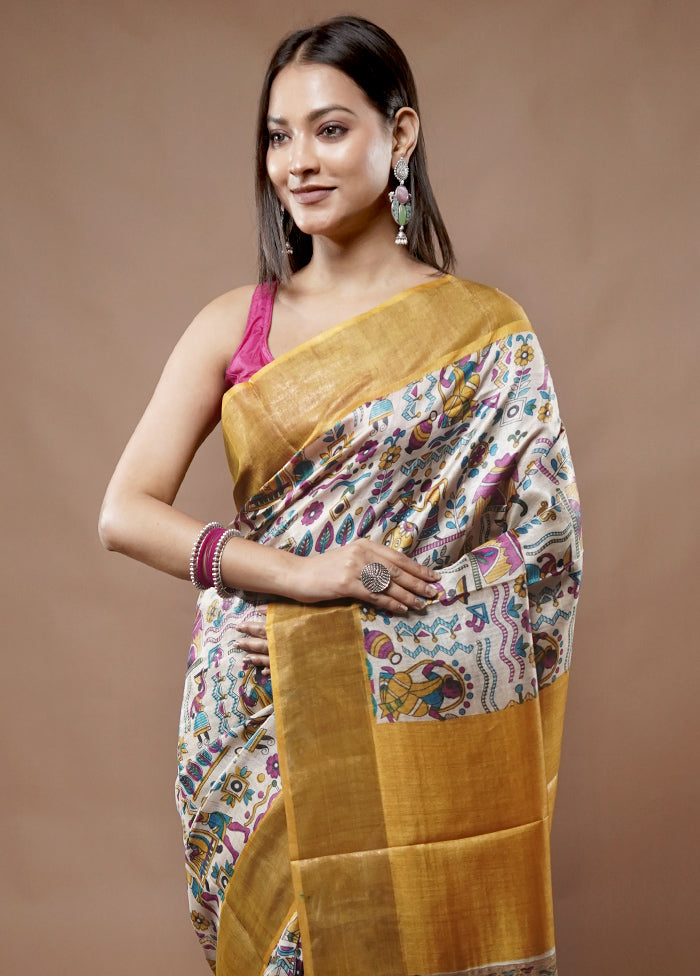 Cream Tussar Silk Saree With Blouse Piece