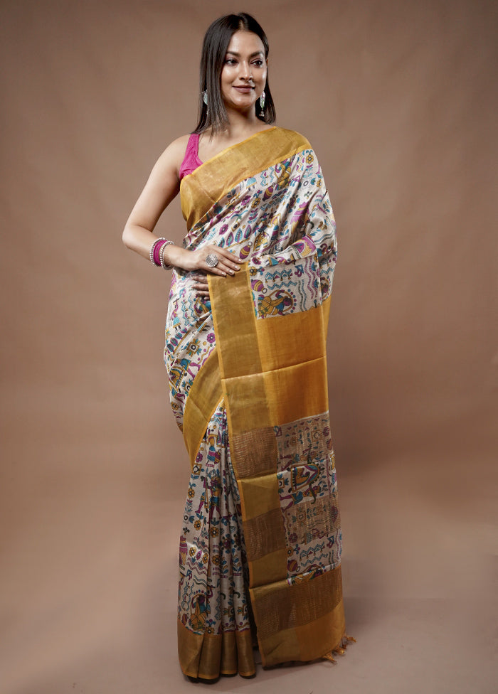 Cream Tussar Silk Saree With Blouse Piece