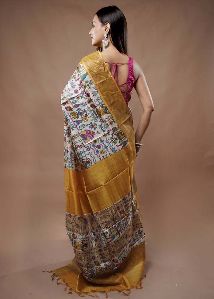 Cream Tussar Silk Saree With Blouse Piece