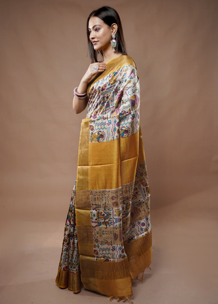 Cream Tussar Silk Saree With Blouse Piece