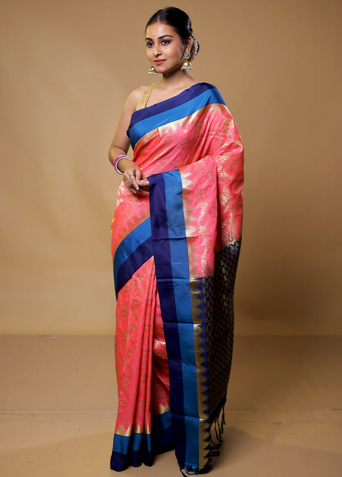 Pink Kanjivaram Silk Saree With Blouse Piece