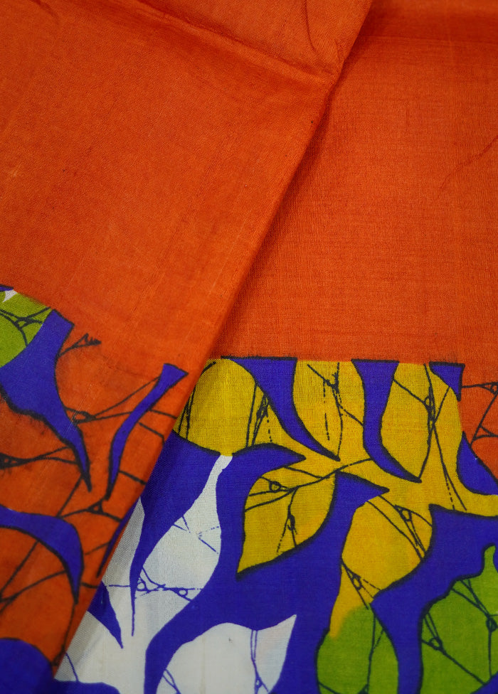 Orange Printed Pure Silk Saree With Blouse Piece