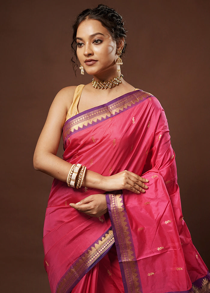 Pink Kanjivaram Silk Saree With Blouse Piece