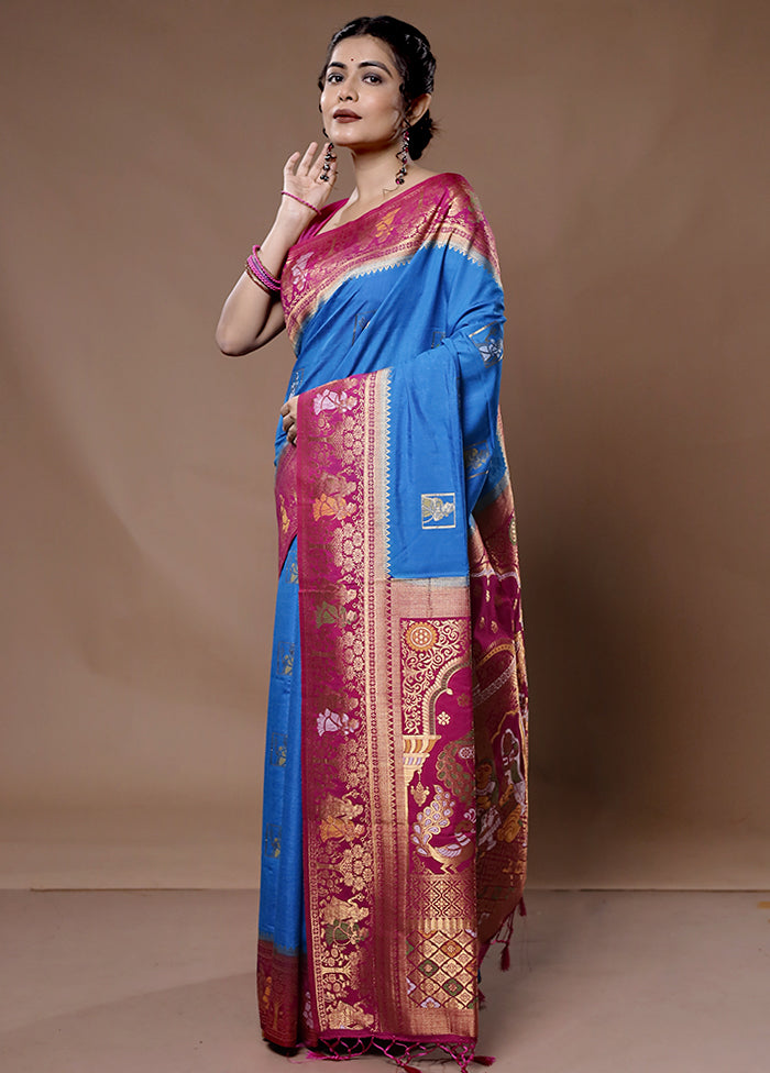 Blue Dupion Silk Saree With Blouse Piece - Indian Silk House Agencies