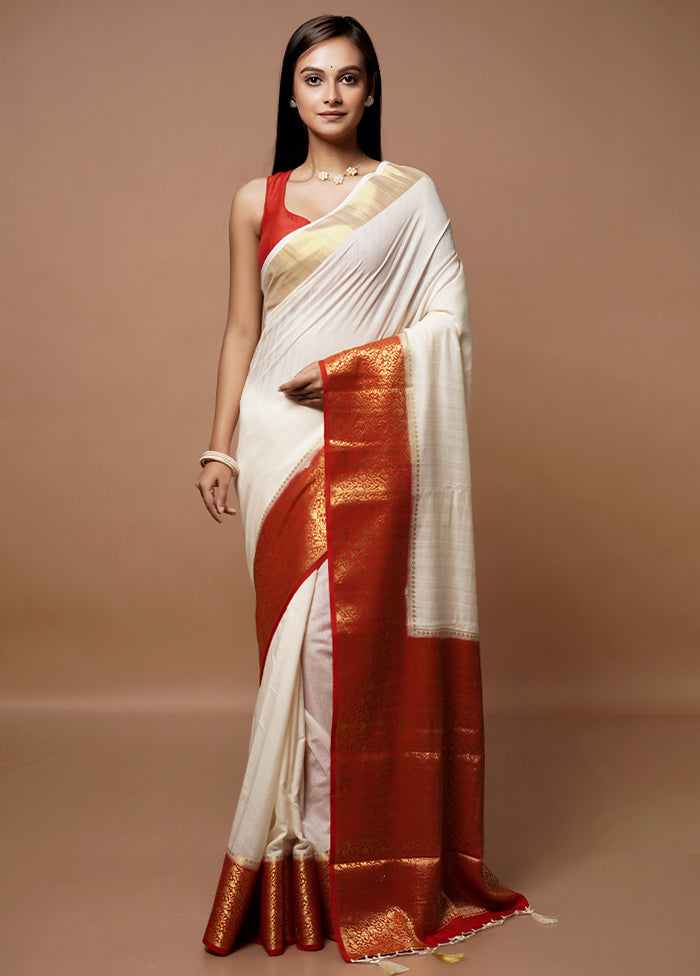 White Dupion Silk Saree With Blouse Piece