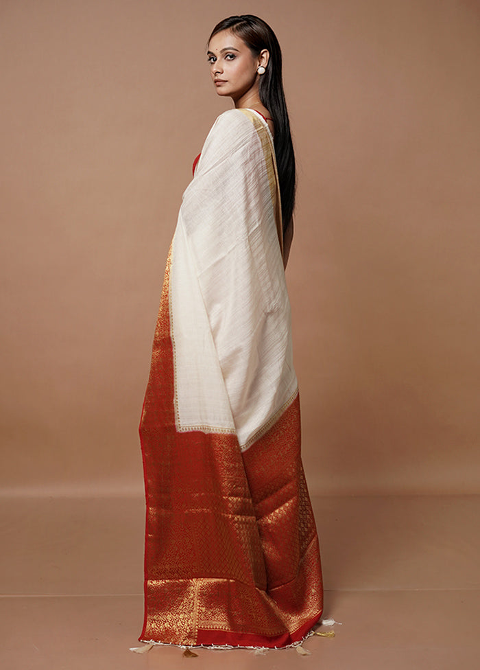 White Dupion Silk Saree With Blouse Piece