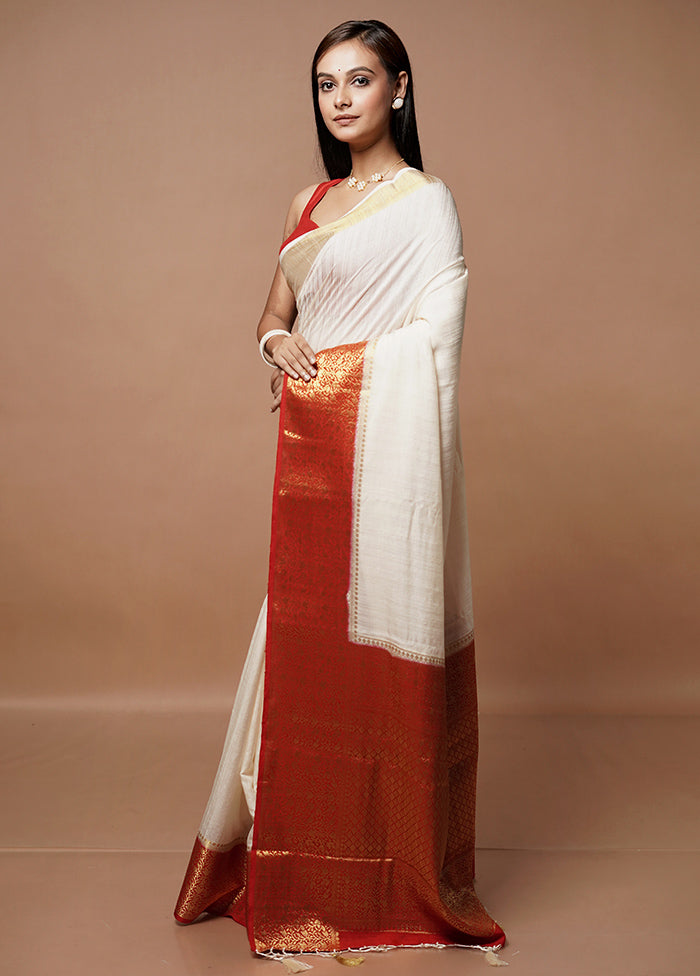 White Dupion Silk Saree With Blouse Piece