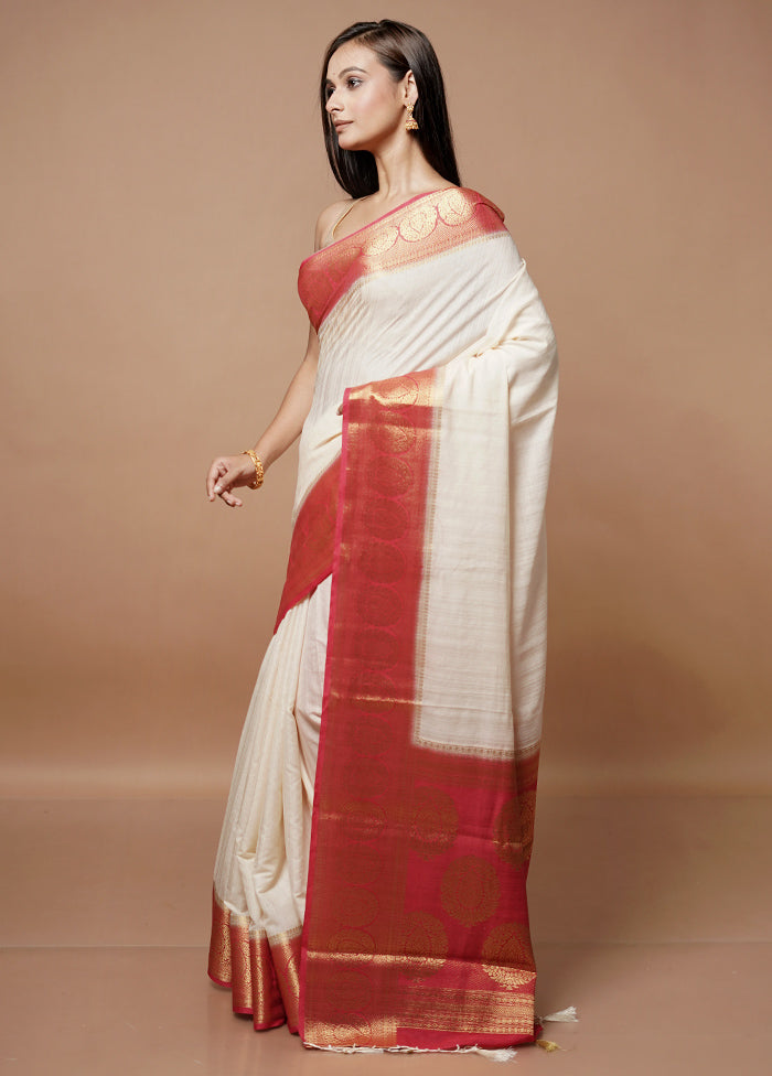 White Dupion Silk Saree With Blouse Piece