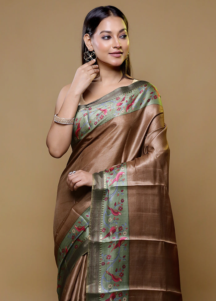 Brown Handloom Tussar Pure Silk Saree With Blouse Piece