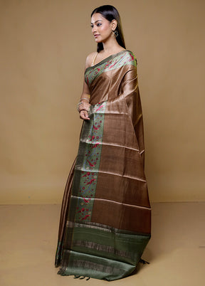Brown Handloom Tussar Pure Silk Saree With Blouse Piece
