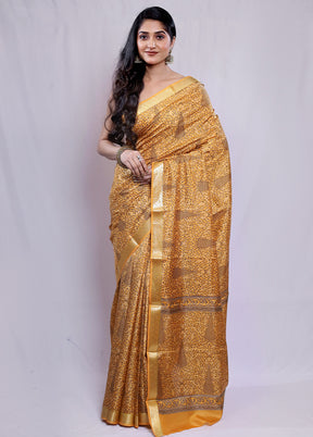 Yellow Printed Pure Silk Saree With Blouse Piece - Indian Silk House Agencies