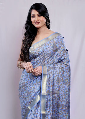 Blue Printed Pure Silk Saree With Blouse Piece - Indian Silk House Agencies