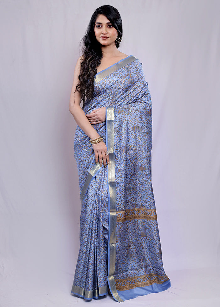 Blue Printed Pure Silk Saree With Blouse Piece