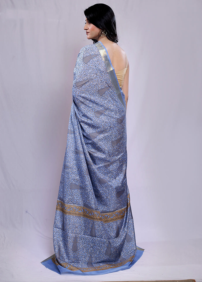 Blue Printed Pure Silk Saree With Blouse Piece - Indian Silk House Agencies