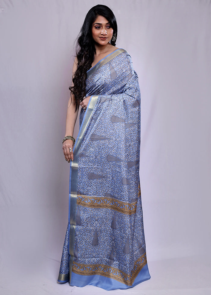 Blue Printed Pure Silk Saree With Blouse Piece