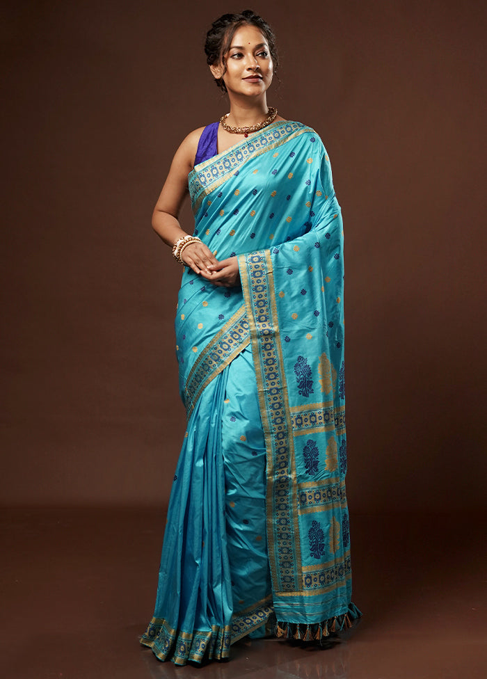 Blue Assam Pure Silk Saree With Blouse Piece - Indian Silk House Agencies