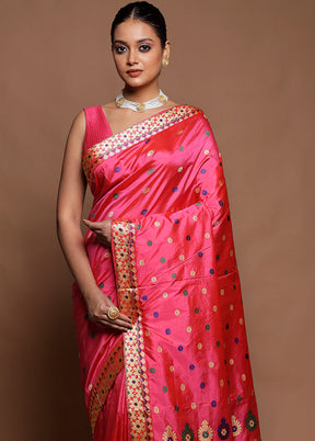 Pink Handloom Assam Pure Silk Saree With Blouse Piece