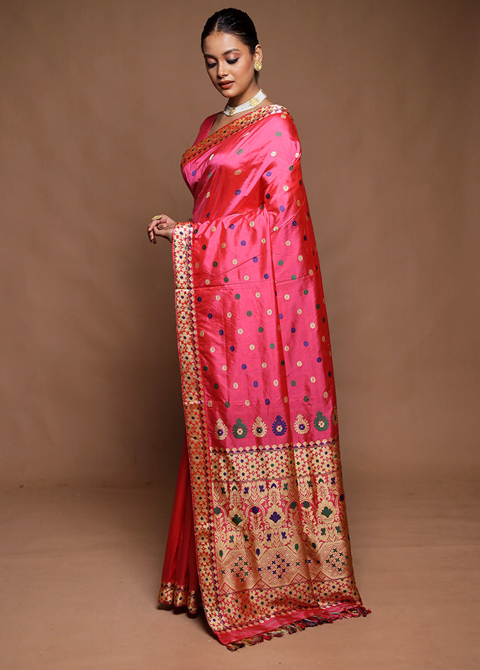 Pink Handloom Assam Pure Silk Saree With Blouse Piece