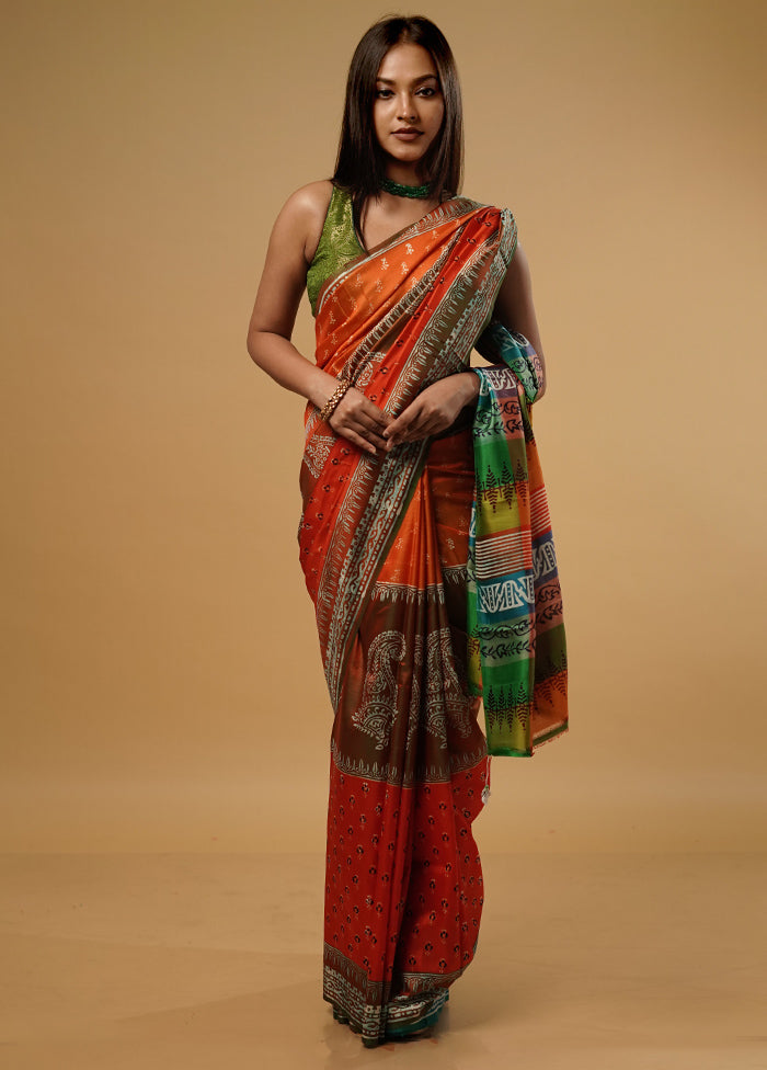 Orange Printed Pure Silk Saree With Blouse Piece - Indian Silk House Agencies