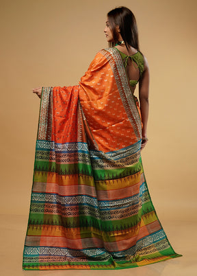 Orange Printed Pure Silk Saree With Blouse Piece