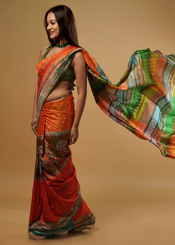 Orange Printed Pure Silk Saree With Blouse Piece