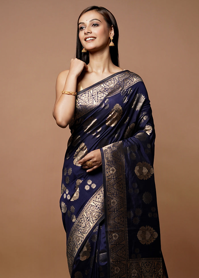 Blue Dupion Silk Saree With Blouse Piece