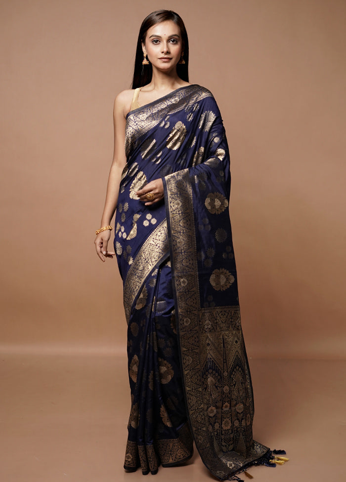 Blue Dupion Silk Saree With Blouse Piece