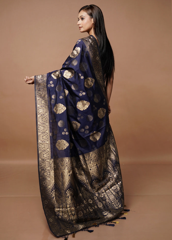 Blue Dupion Silk Saree With Blouse Piece